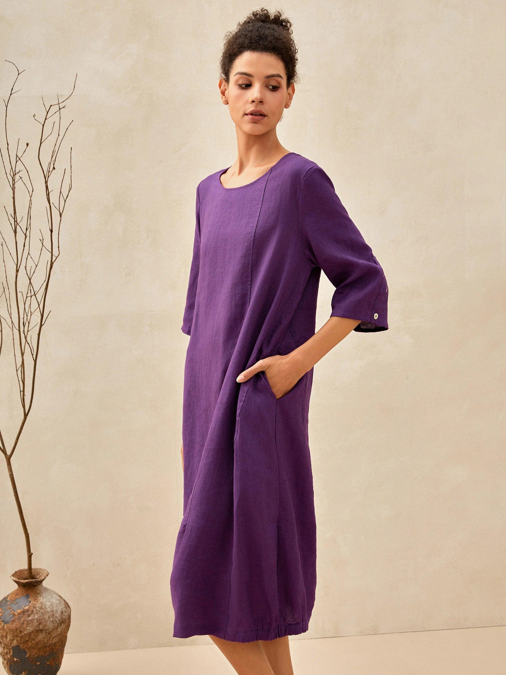 100% Leinen Kragenloses Midikleid SOFIA